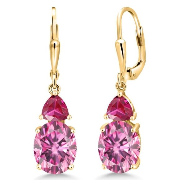 18K Yellow Gold with 6.50 Cttw Pink Moissanite and Ruby Leverback Drop Earrings - Picture 1 of 4